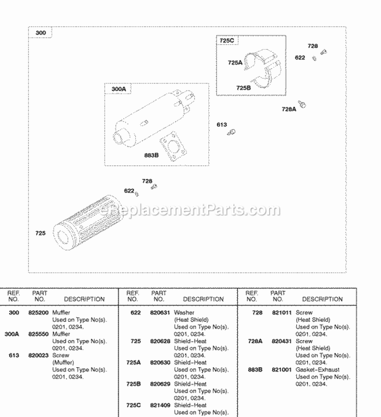 Exhaust Muffler Diagram and Parts List for 58A447-0234-99  Briggs and Stratton Engine